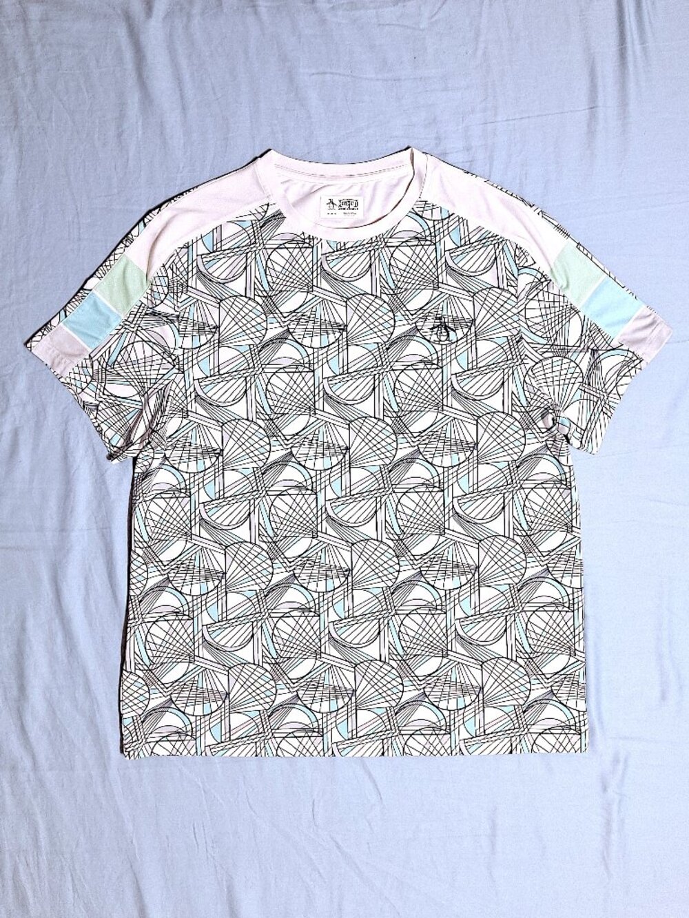 Original Penguin Men M Abstract Performance Tennis Shirt White Blue Stretch